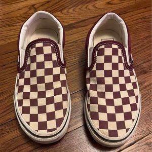 Kids Vans 4.5  White / Burgundy Checkerboard